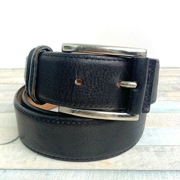 HANDCRAFTED BLACK GENUINE LEATHER SILVER TONE BUCKLE CASUAL MEN'S BELT 36 (21M - Picture 2 of 8